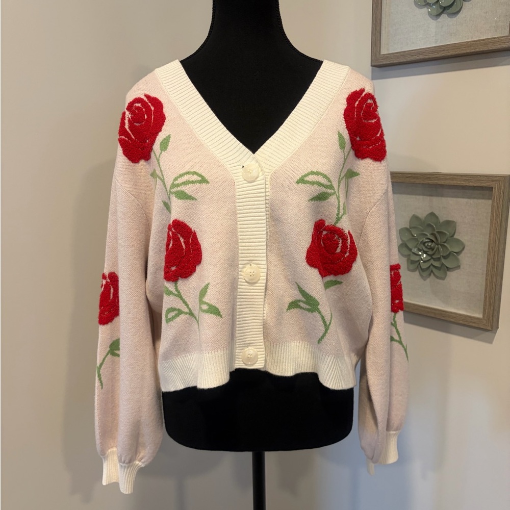 Soho & Stella Pink & Red Rose Embroidered Button Front Cardigan NWT!